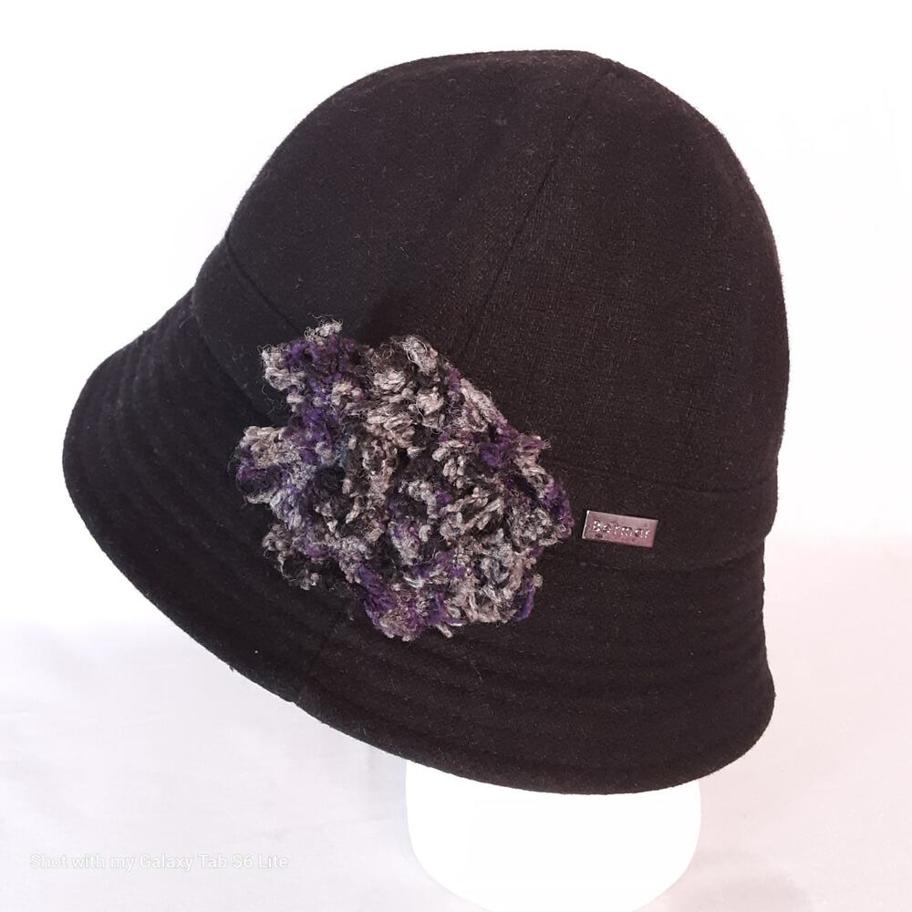 💎Betmar New York Vintage Ladies Wool Soft Shell Cloche Hat Black With Gray Bow